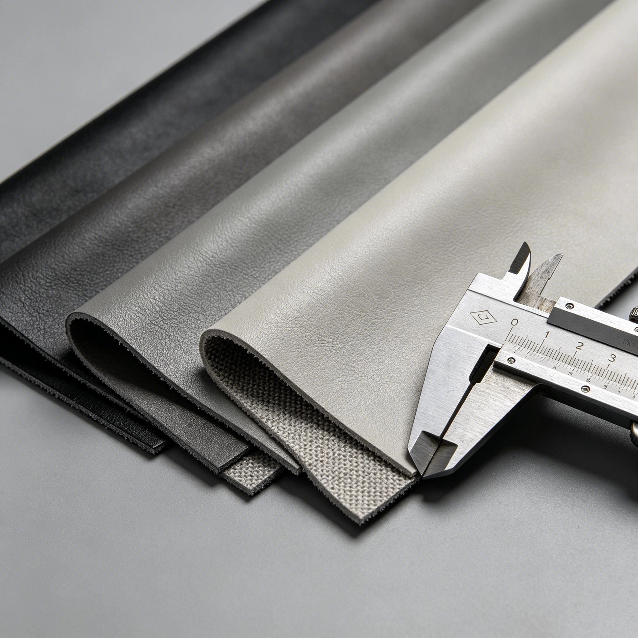 Side view comparison of PU leather thickness and backing fabric for handbag and backpack materials