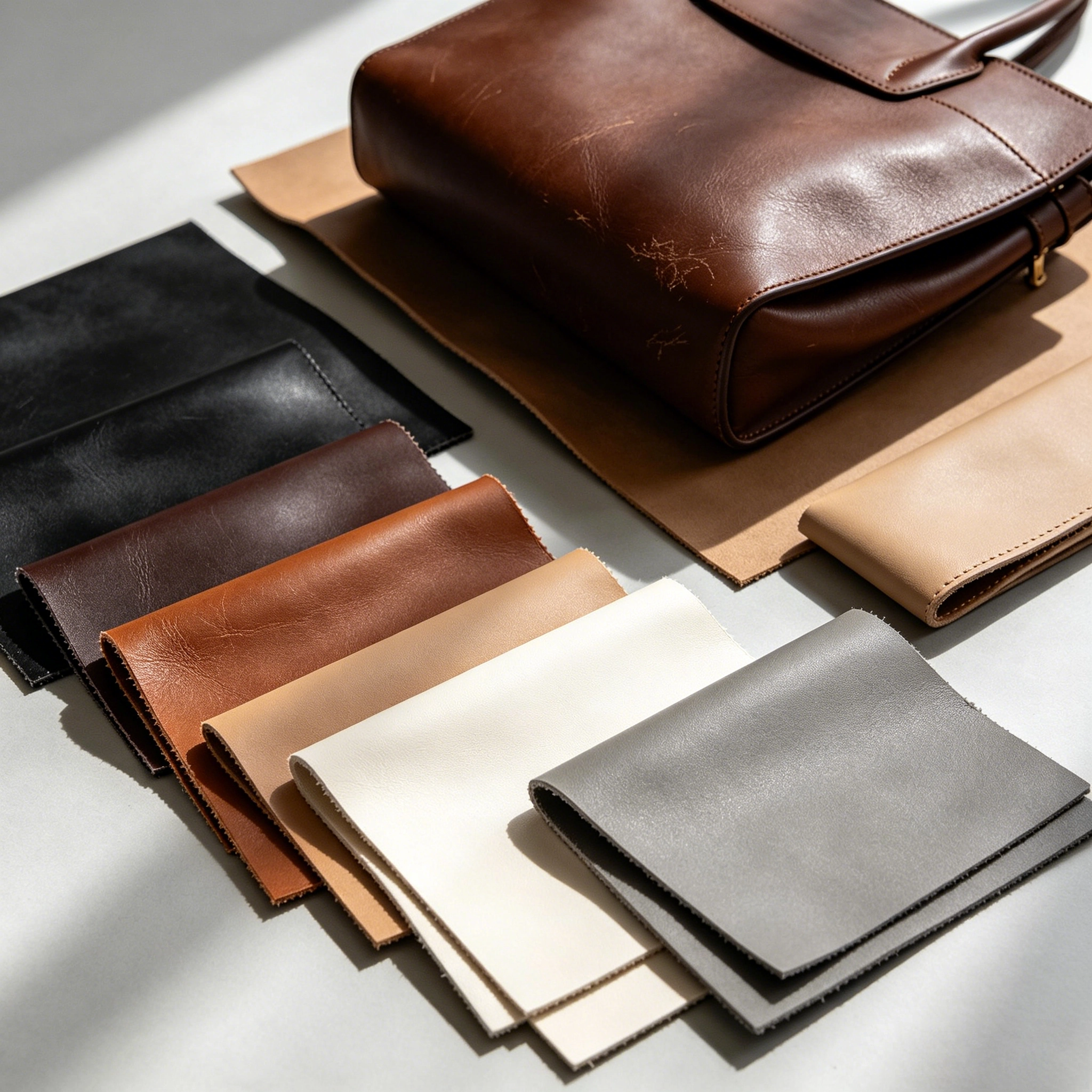 PU leather color card and physical samples used to confirm bag material before bulk production