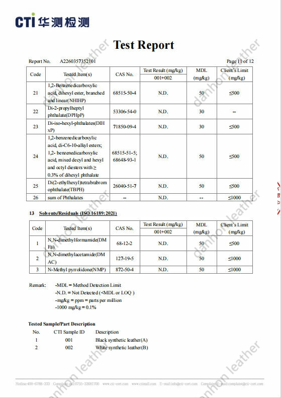 Third-party phthalates test results for Danhon synthetic leather material, showing restricted phthalate substance testing based on CPSC-CH-C1001-09.4.