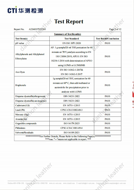 CTI chemical safety test summary for Danhon synthetic leather, covering pH value, azo dyes, phthalates, heavy metals, organotin compounds, and solvent residuals.