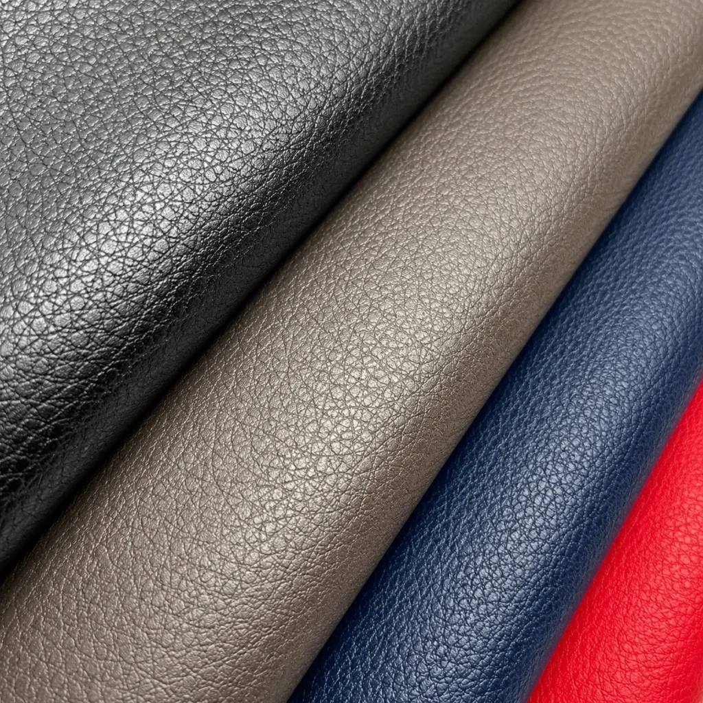 PU artificial leather swatches compared by color, grain, thickness and backing for custom sample development