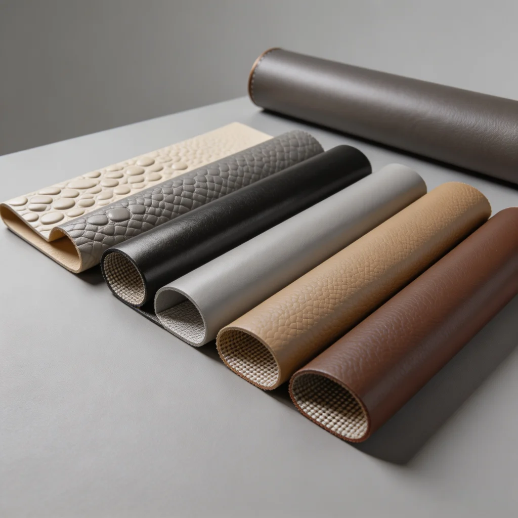 Dry process PU leather swatches with different grains, colors and textile backing fabrics