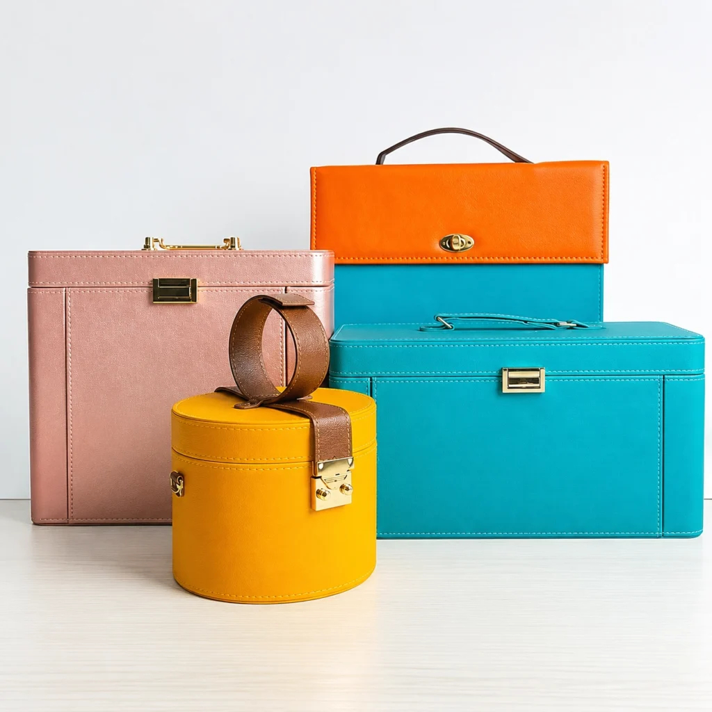 PU leather swatches beside rigid jewelry box panels for comparing surface, backing and color