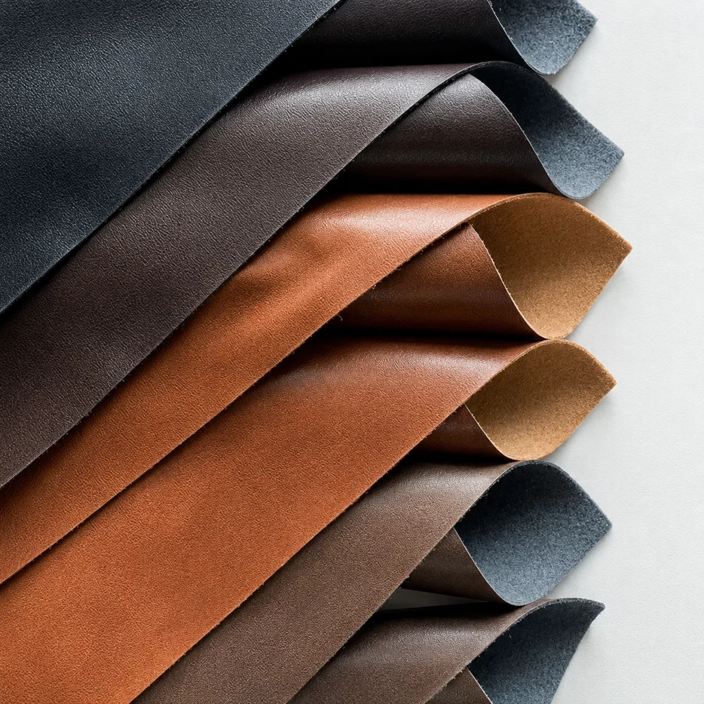PU leather swatches on a material review table for comparing texture, backing and sourcing direction
