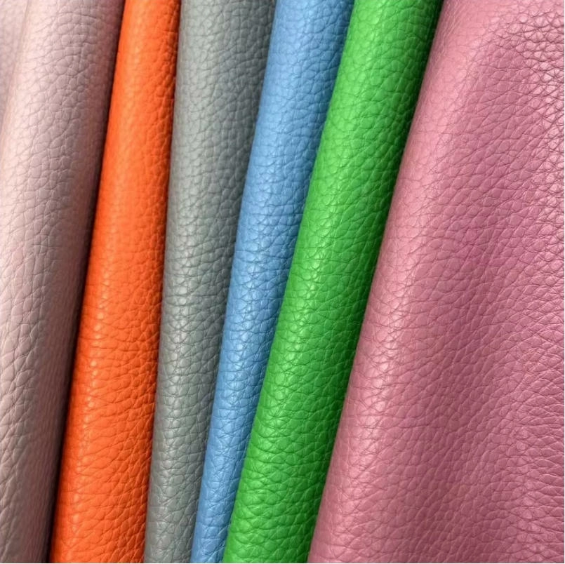 PU leather texture comparison showing smooth, fine grain, litchi grain, pebbled and embossed PU leather samples