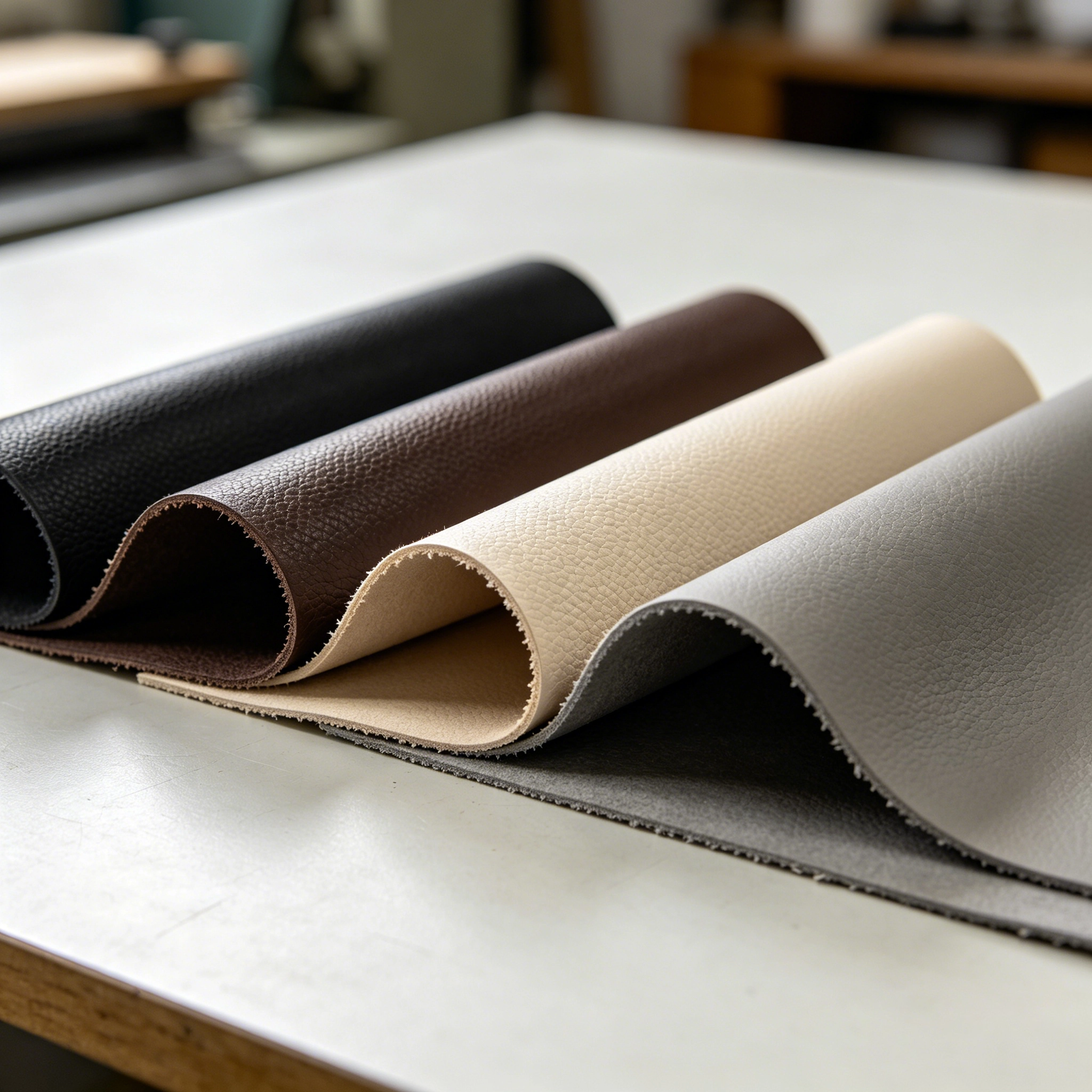 PU leather thickness comparison swatches showing different material edges for bags and shoes
