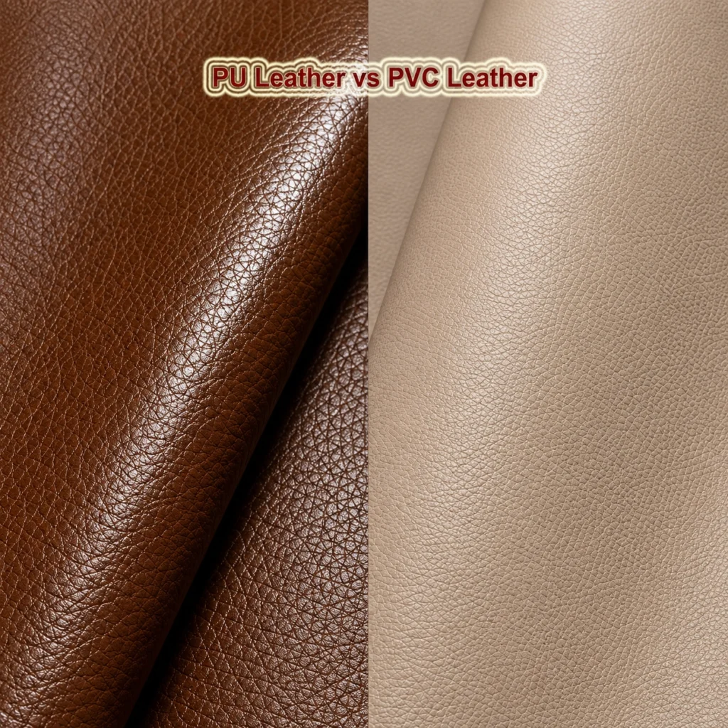 PU and PVC leather swatches showing surface texture, cut edges and textile backing