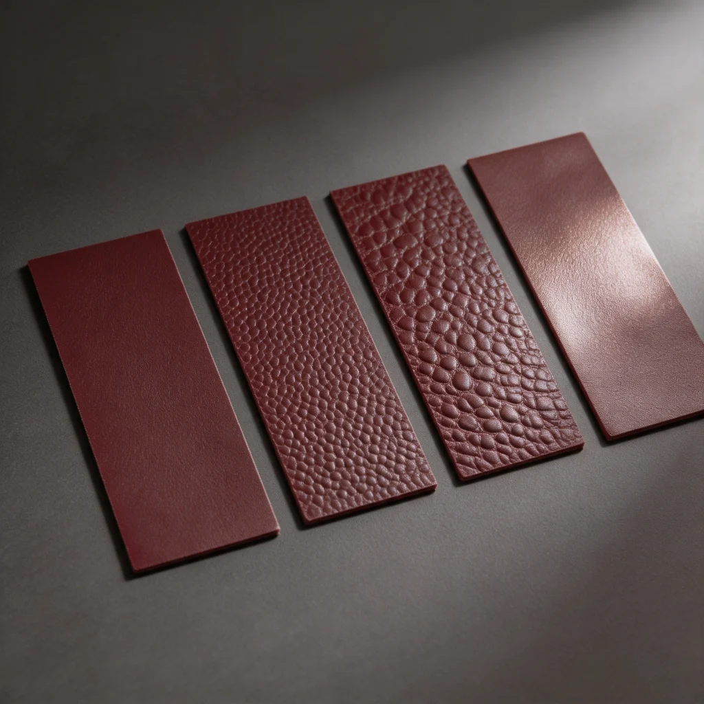 Same burgundy PU leather shade shown with smooth, pebbled, embossed and satin surfaces