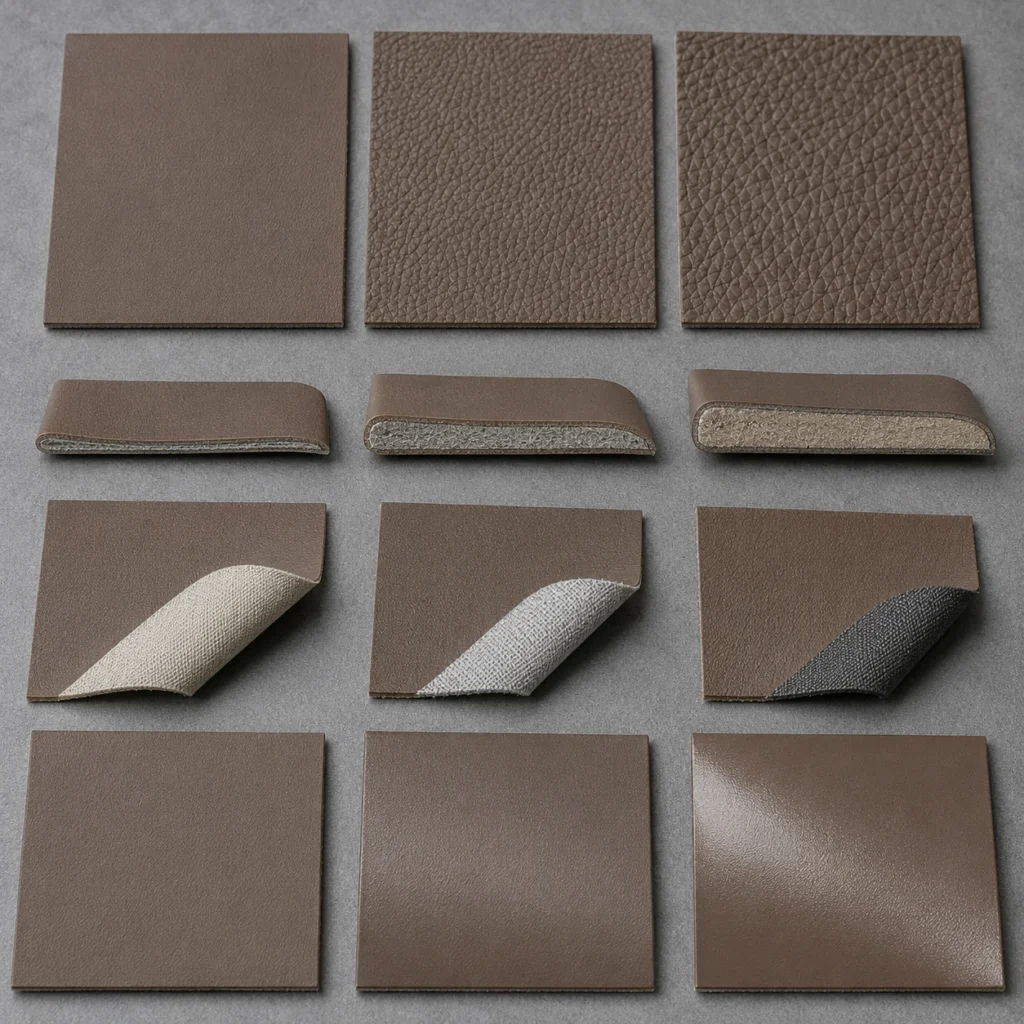 Close-up comparison of smooth, pebbled and embossed PU leather with visible backing and cut edges