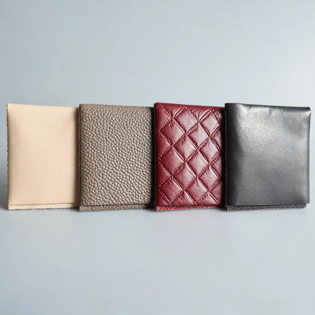 Close-up comparison of smooth, fine-grain, embossed and glossy PU leather surfaces