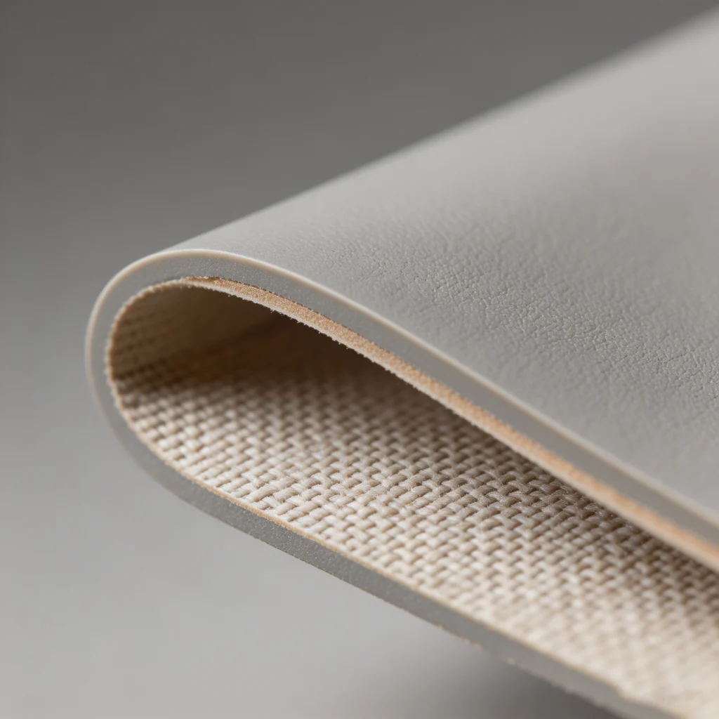 Close-up cross section of dry process PU leather showing surface coating, PU film and textile backing