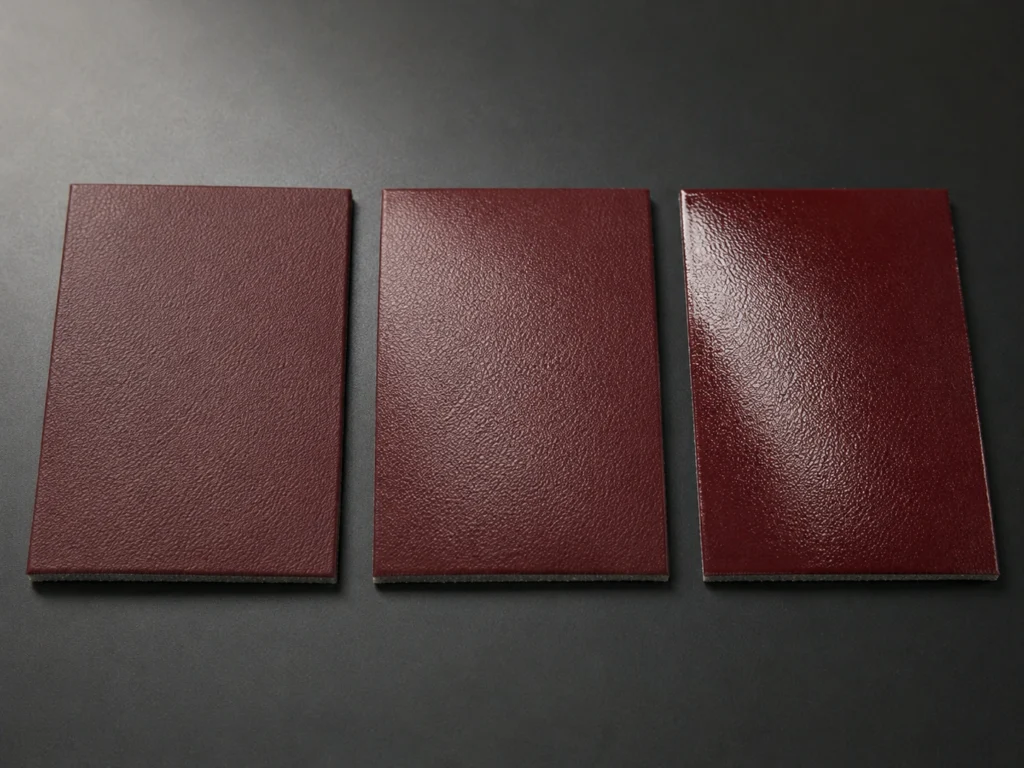 Matte, satin and glossy PU leather surface finish comparison using the same embossed grain