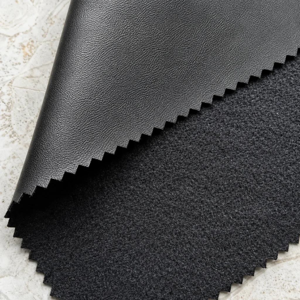 Textile-backed PU leather samples tested on flat boards and wrapped packaging corners