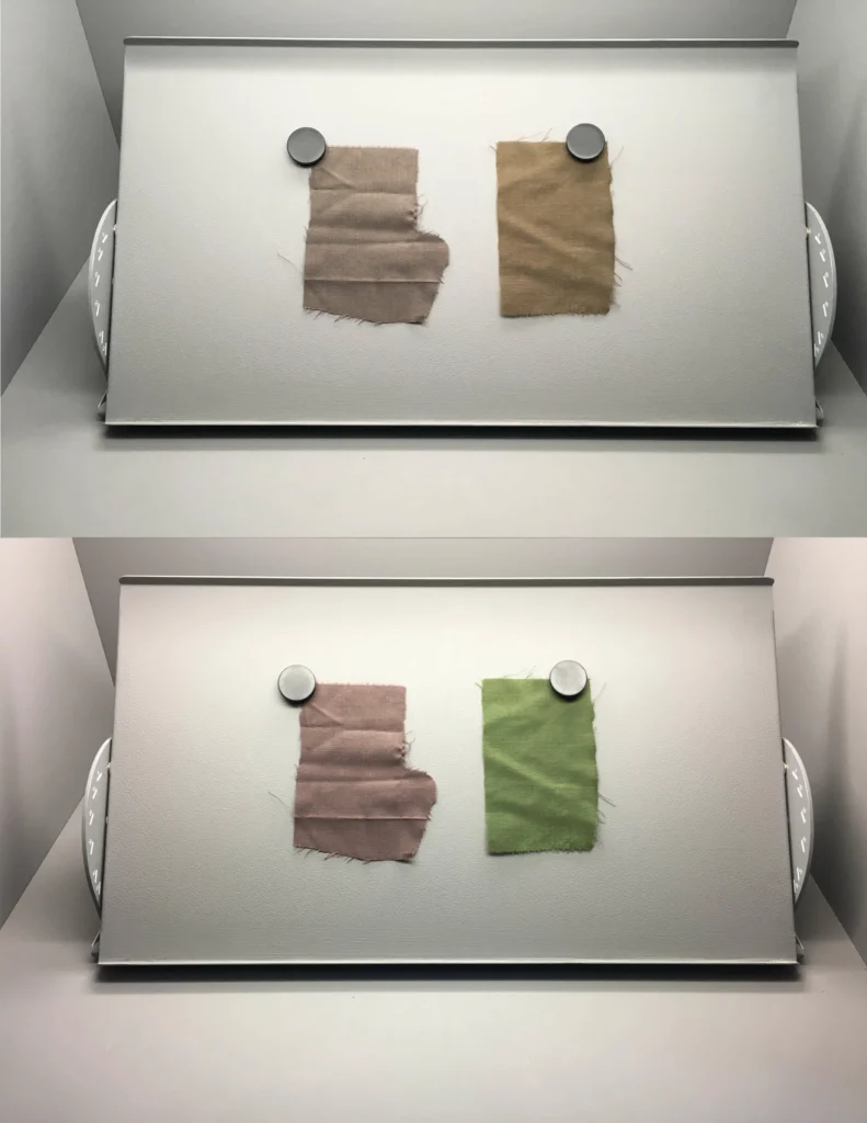 Identical PU leather sample compared under neutral daylight, warm indoor and cool retail lighting