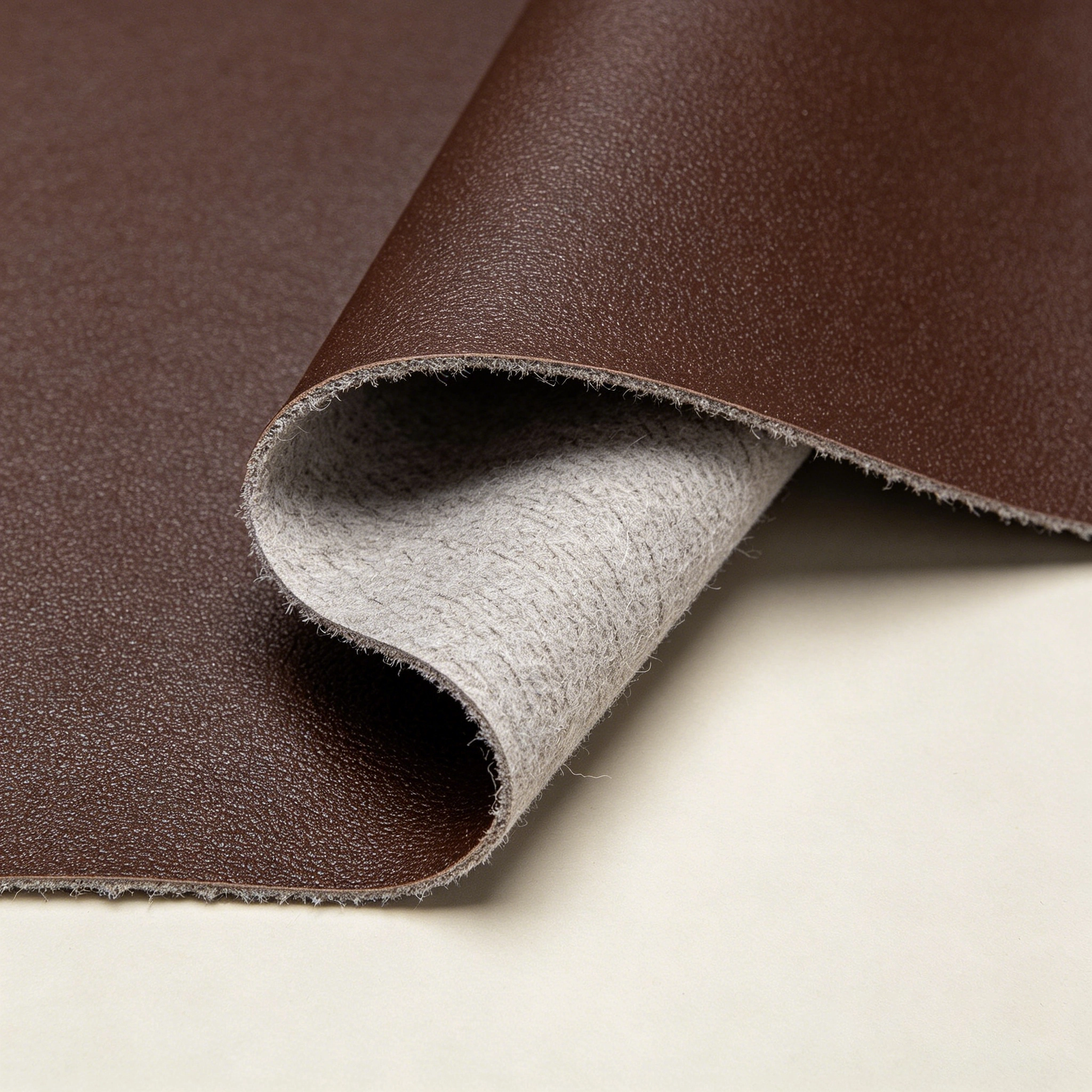 PU leather surface texture and backing fabric close up for thickness selection