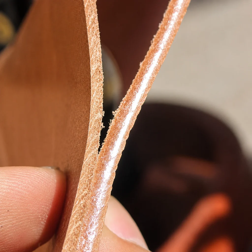 Digital caliper inspecting the cut edge and textile backing of PU leather material samples