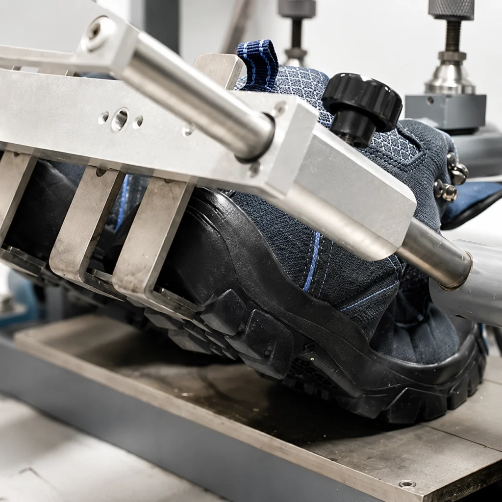 Synthetic leather shoe-upper samples bent around a last to check flexing and surface stability