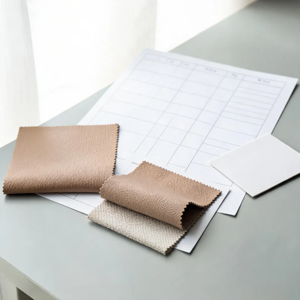 Unbranded PU leather samples reviewed beside a material specification sheet for vegan leather and sourcing claims