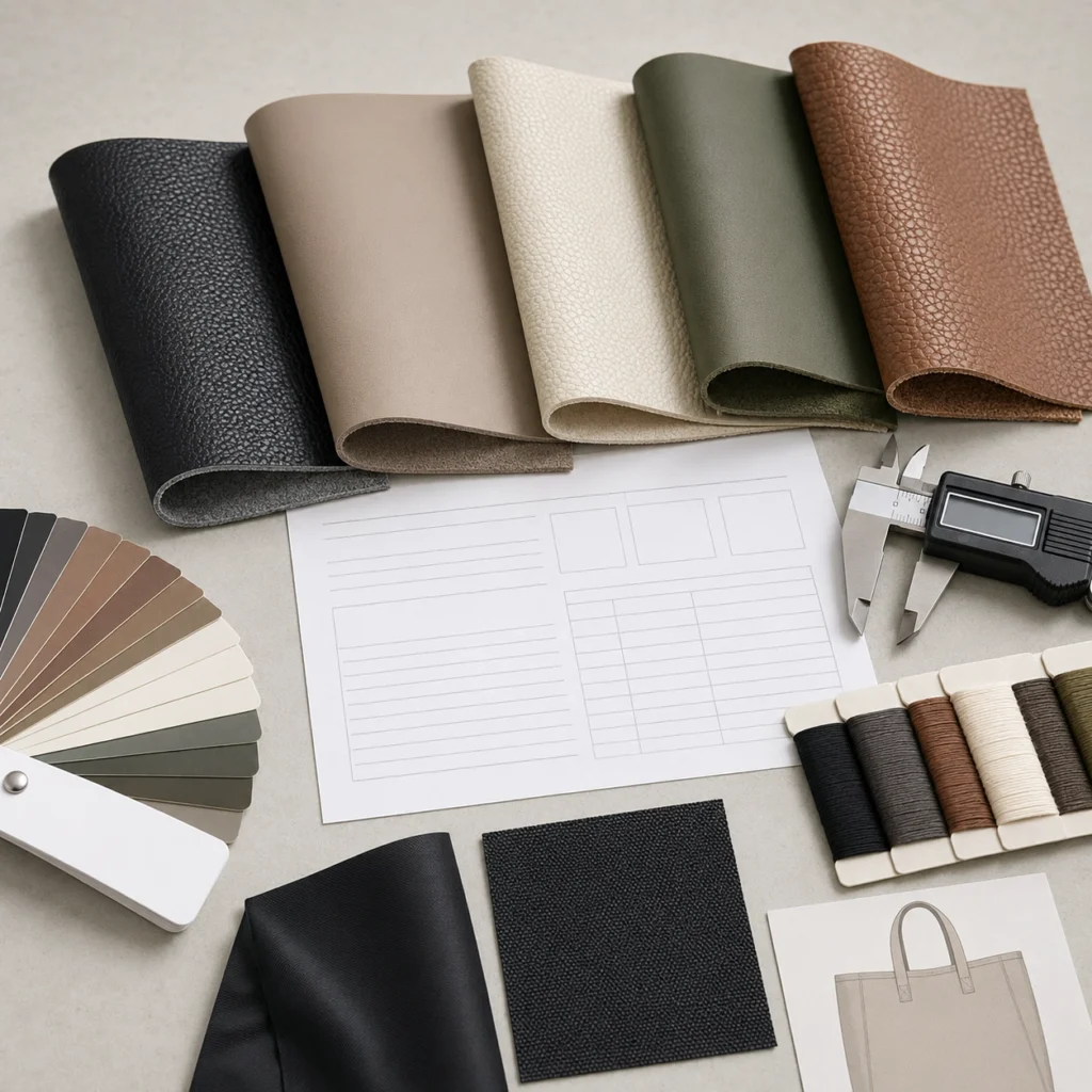 Material review table with synthetic leather swatches, color cards, backing samples and thickness tools