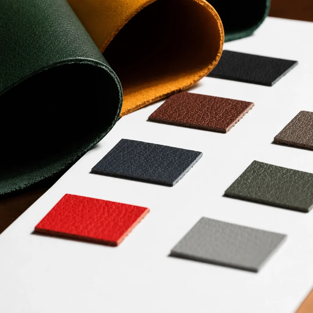 Color-card swatches compared with larger PU leather samples on rigid packaging panels