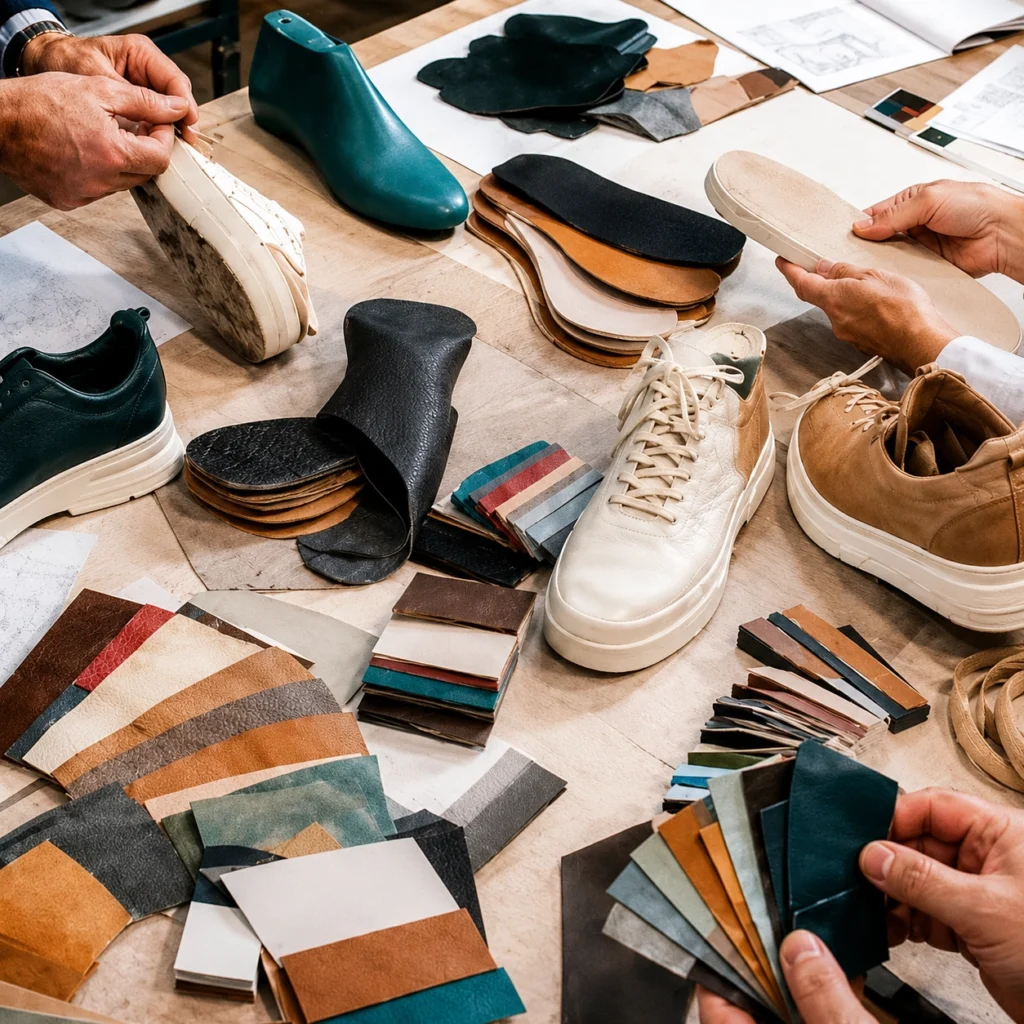 Buyer review setup with PU leather swatches, backing samples, color references and an unbranded product silhouette