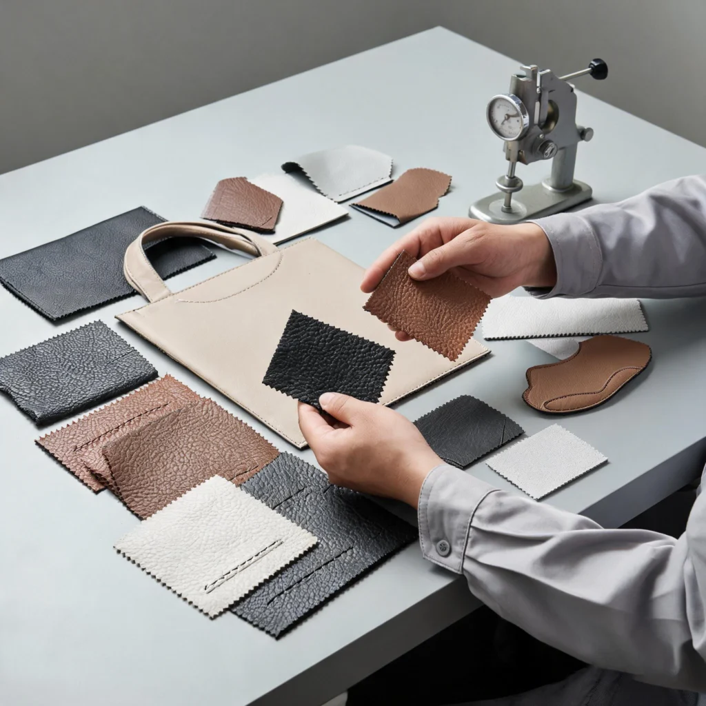 Buyer reviewing dry process PU leather samples for bag panels and shoe uppers