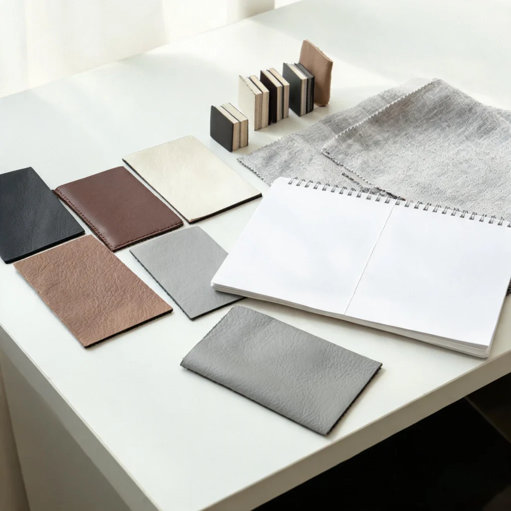 PU leather color card and physical samples arranged for B2B buyer sourcing discussion