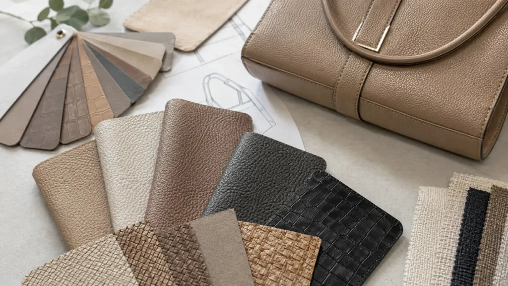PU leather texture samples matched with bag panels, shoe upper components and jewelry box covering