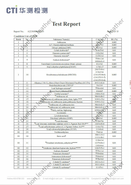 REACH SVHC candidate list screening page for Danhon synthetic leather, listing substances of very high concern with CAS numbers and reporting limits.