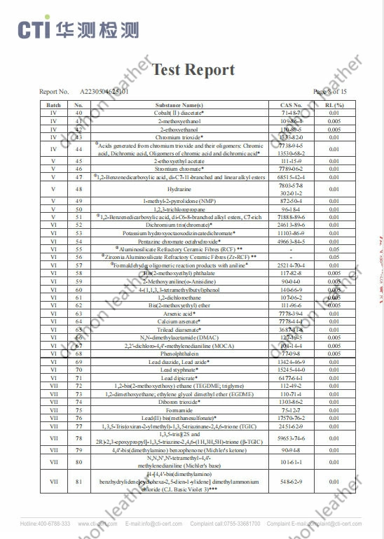 Continued REACH SVHC candidate list screening for Danhon synthetic leather, covering additional restricted substances and reporting limits.
