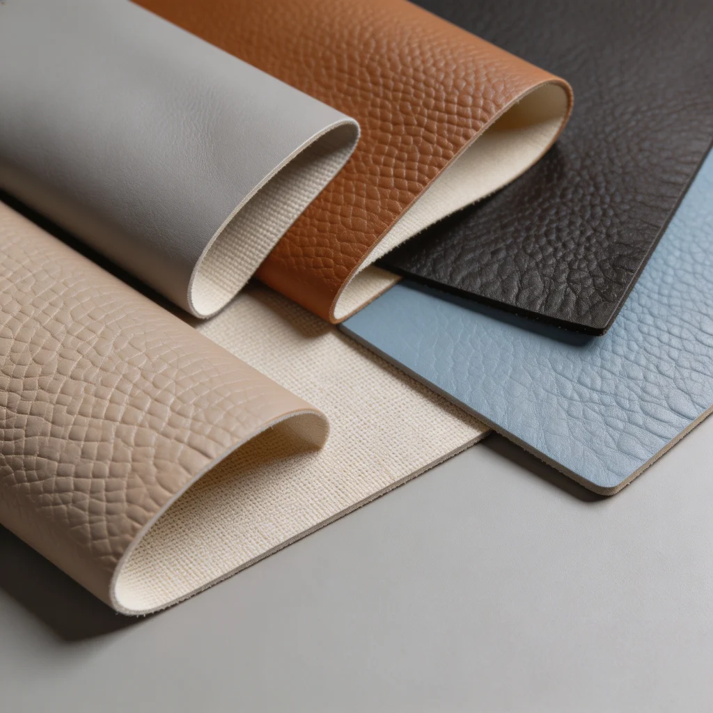 PU leather swatches showing different colors, grain textures and surface finishes for material sourcing