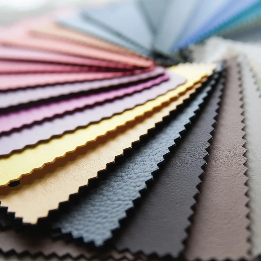 PU leather swatches compared for bag, shoe, garment and packaging material development