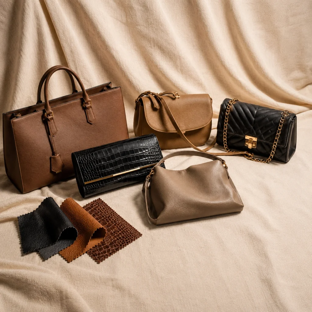 PU leather swatches with different grains and backing constructions reviewed for vegan bag development