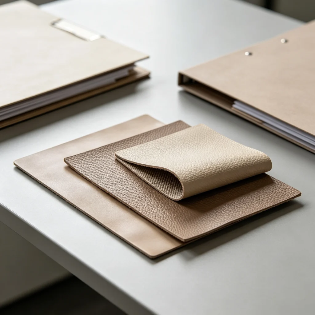 PU synthetic leather swatches reviewed with material specification and sourcing documents