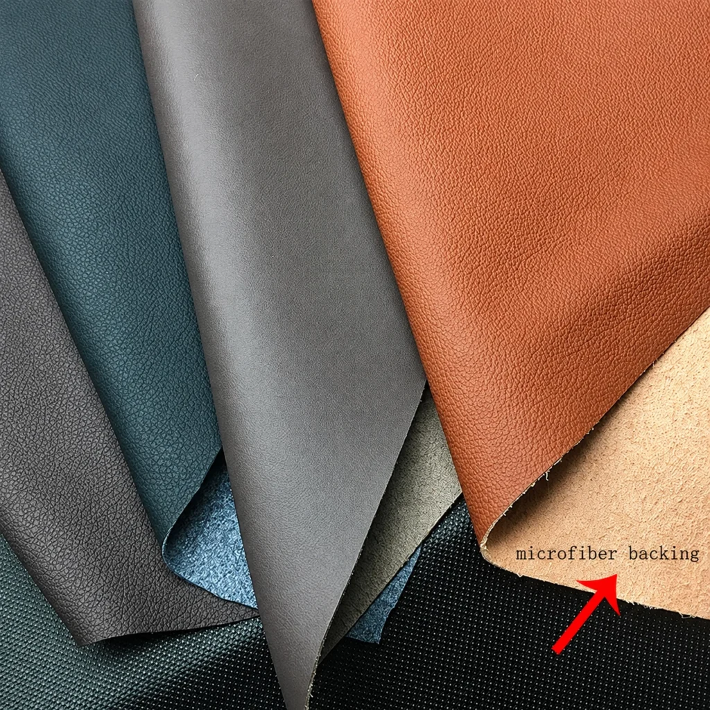 Black PU faux leather samples compared by grain, backing and material construction