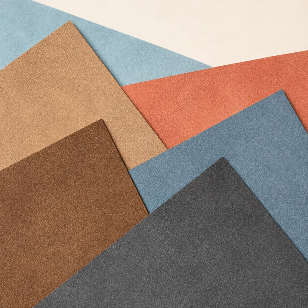 Soft, medium and structured PU leather samples compared for different vegan bag constructions