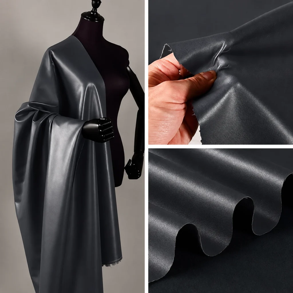 Digital caliper beside flexible PU leather samples with visible edges and textile backing for garment selection