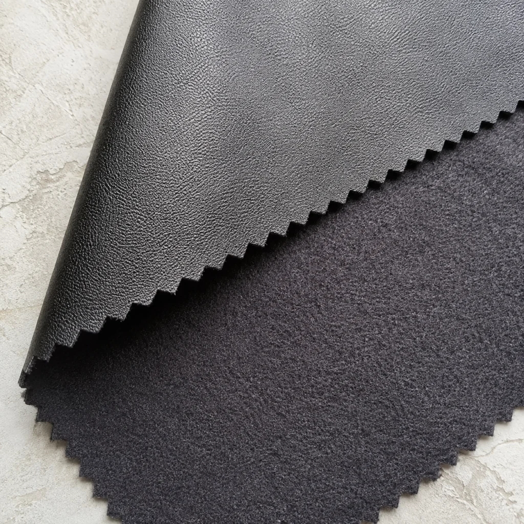 Similar PU leather surfaces shown with different textile backing structures and cut edges