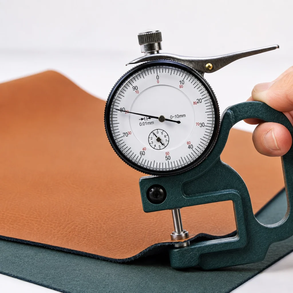 Digital caliper measuring PU leather samples with different textile backing constructions