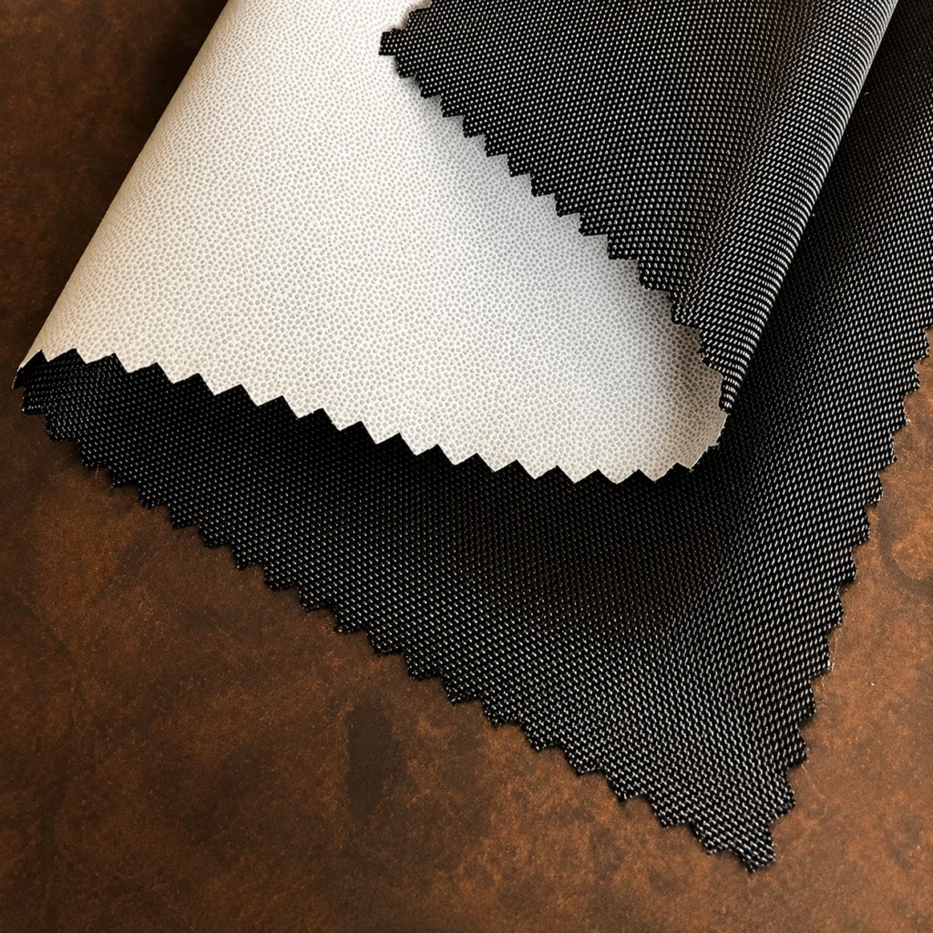 Cross-section of PU synthetic leather showing surface coating, PU layers and textile backing