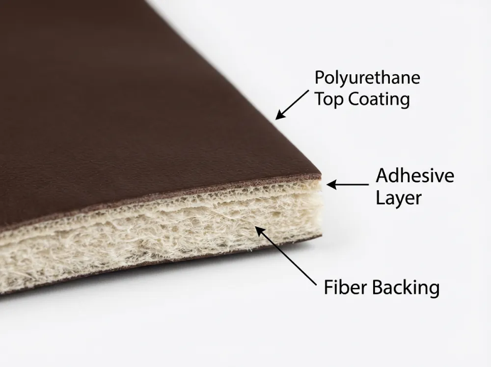 Simplified cross-section showing PU surface layers and textile backing in artificial leather
