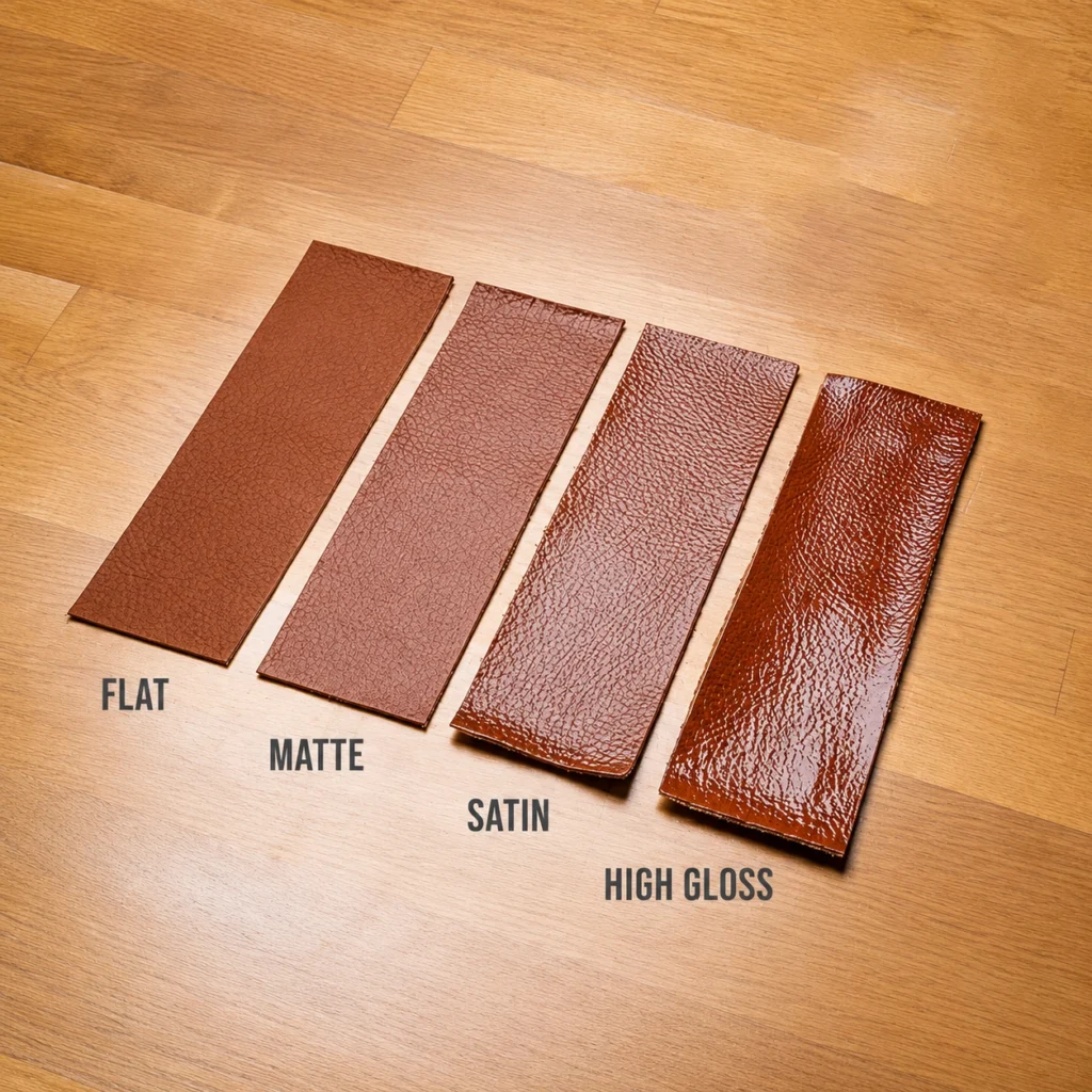 Same-color PU leather samples showing differences in matte, satin and glossy surface reflection