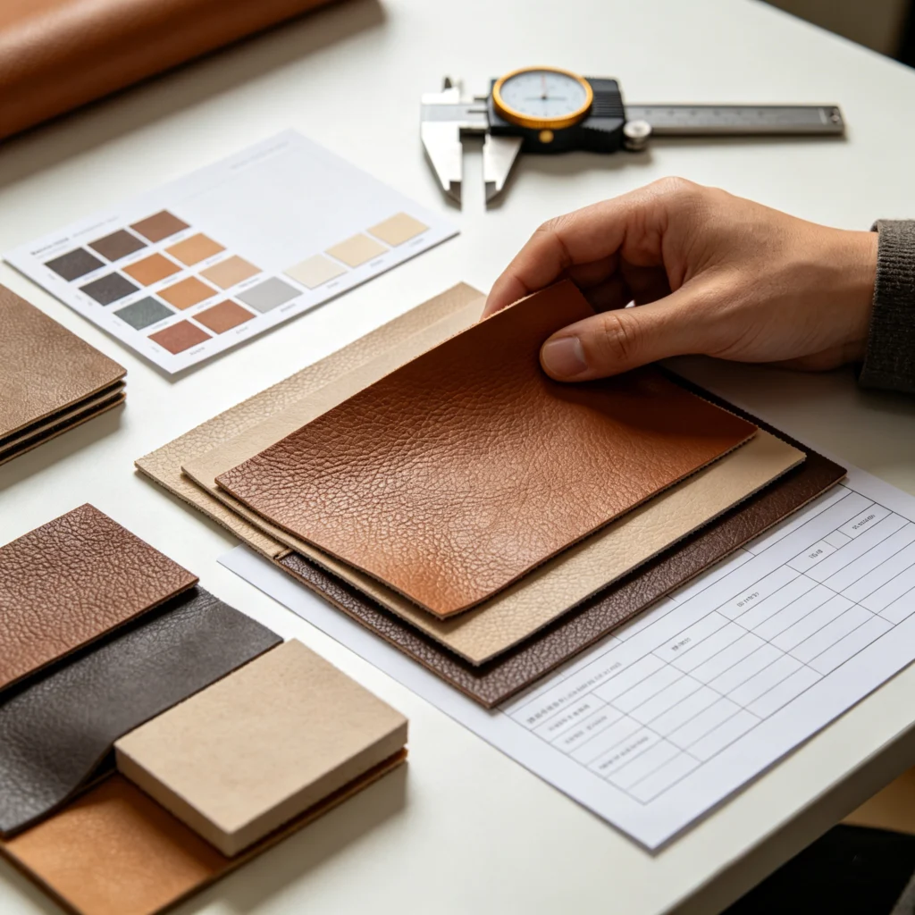 Buyer reviewing PU faux leather fabric swatches, color references and material specifications