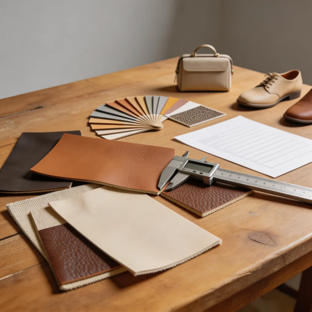 PU synthetic leather sourcing desk with swatches, color references and thickness measurement tools