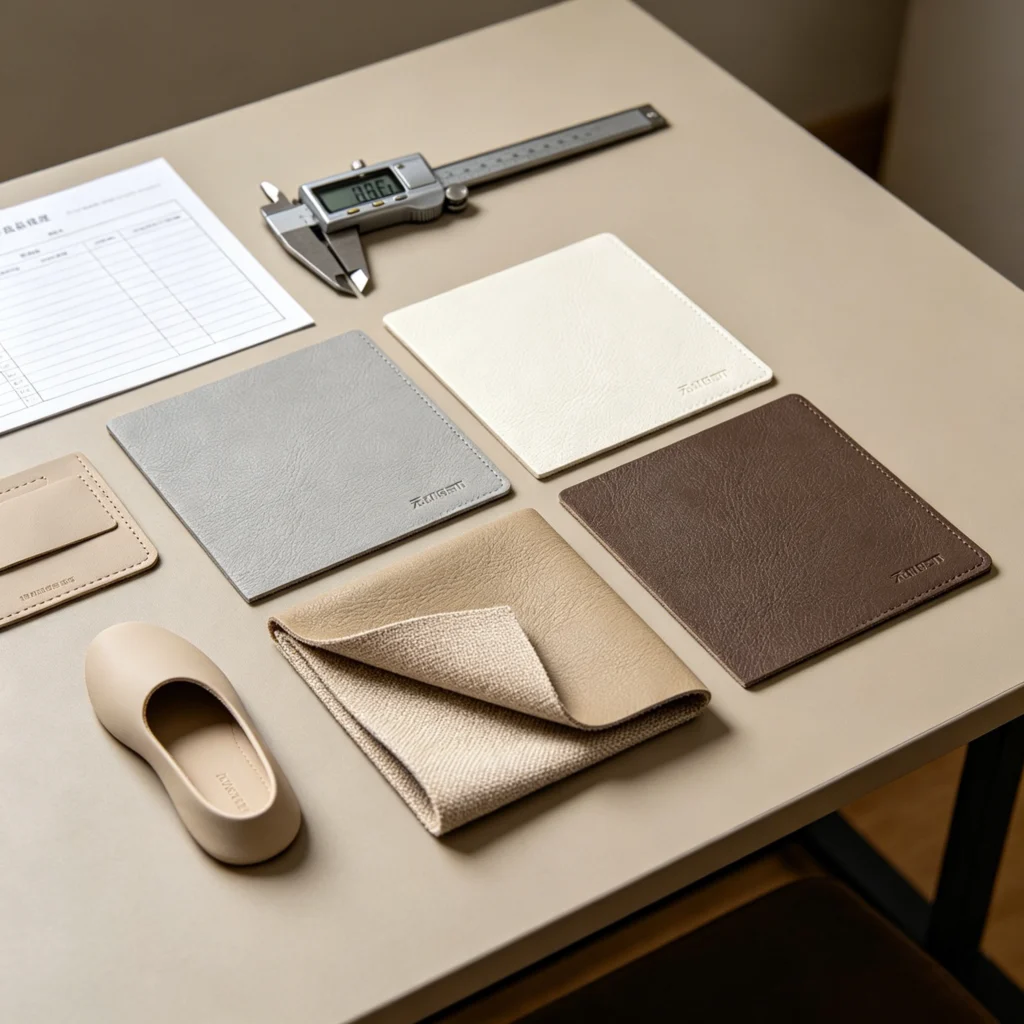 PU synthetic leather samples with backing and application references arranged for B2B material evaluation