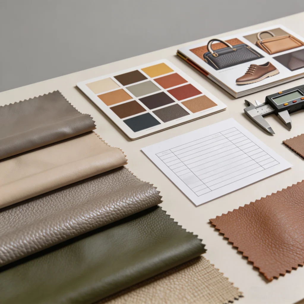PU leather samples, color references and material specifications arranged for a B2B sourcing review