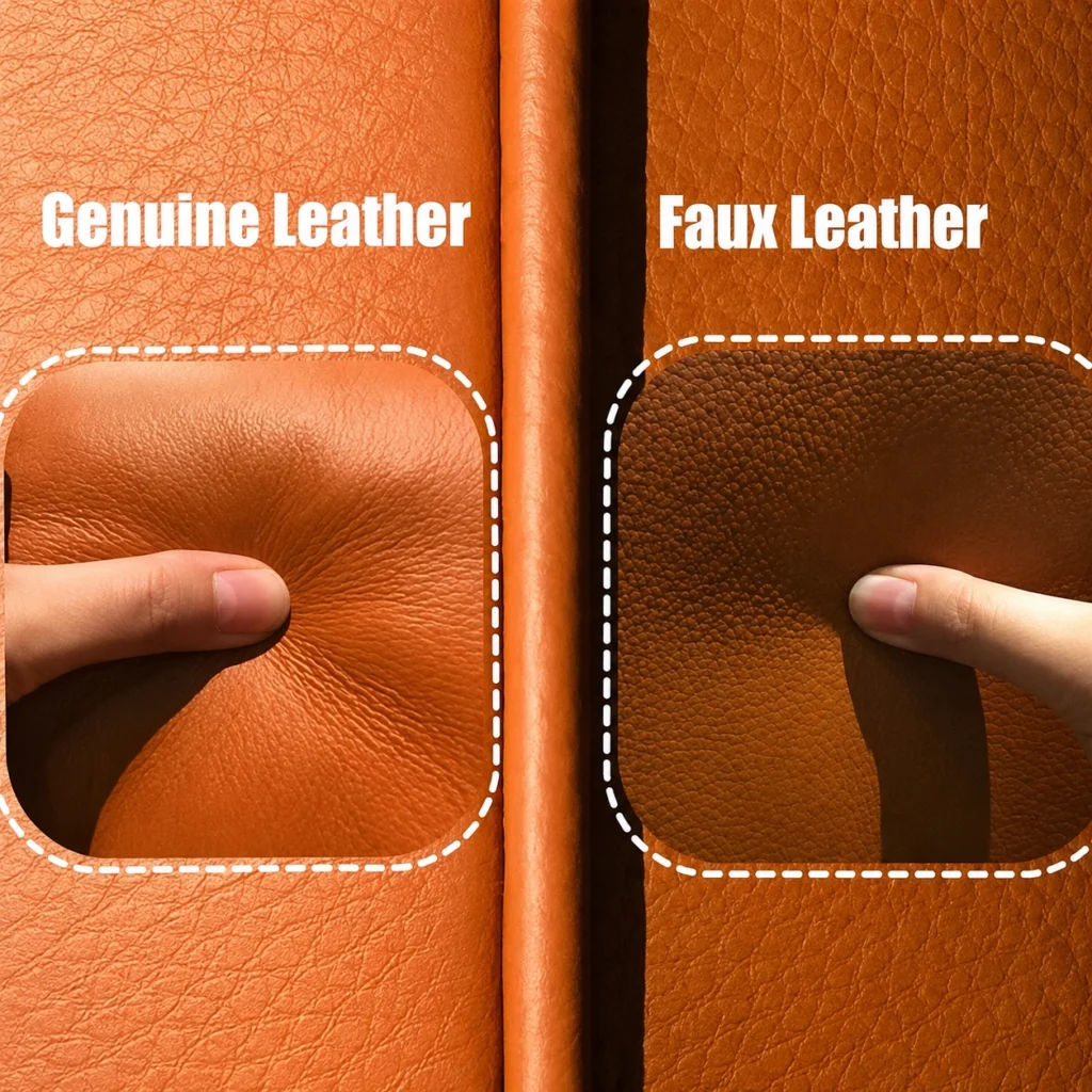 PU leather swatch with textile backing compared beside a natural genuine leather sample