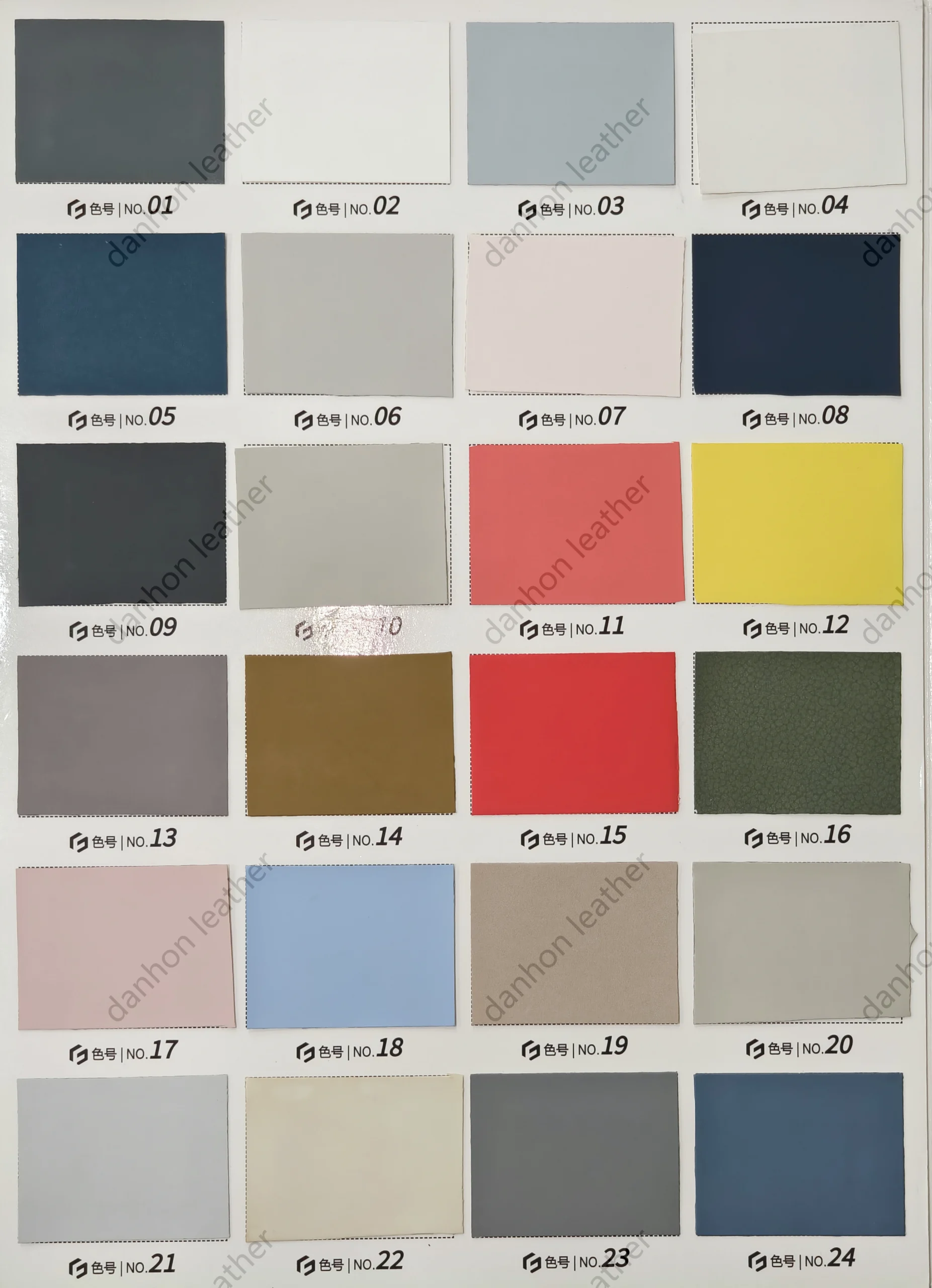 TPU material reference card No.01 to No.24 showing grey, white, blue, pink, yellow, red, brown and dark shades
