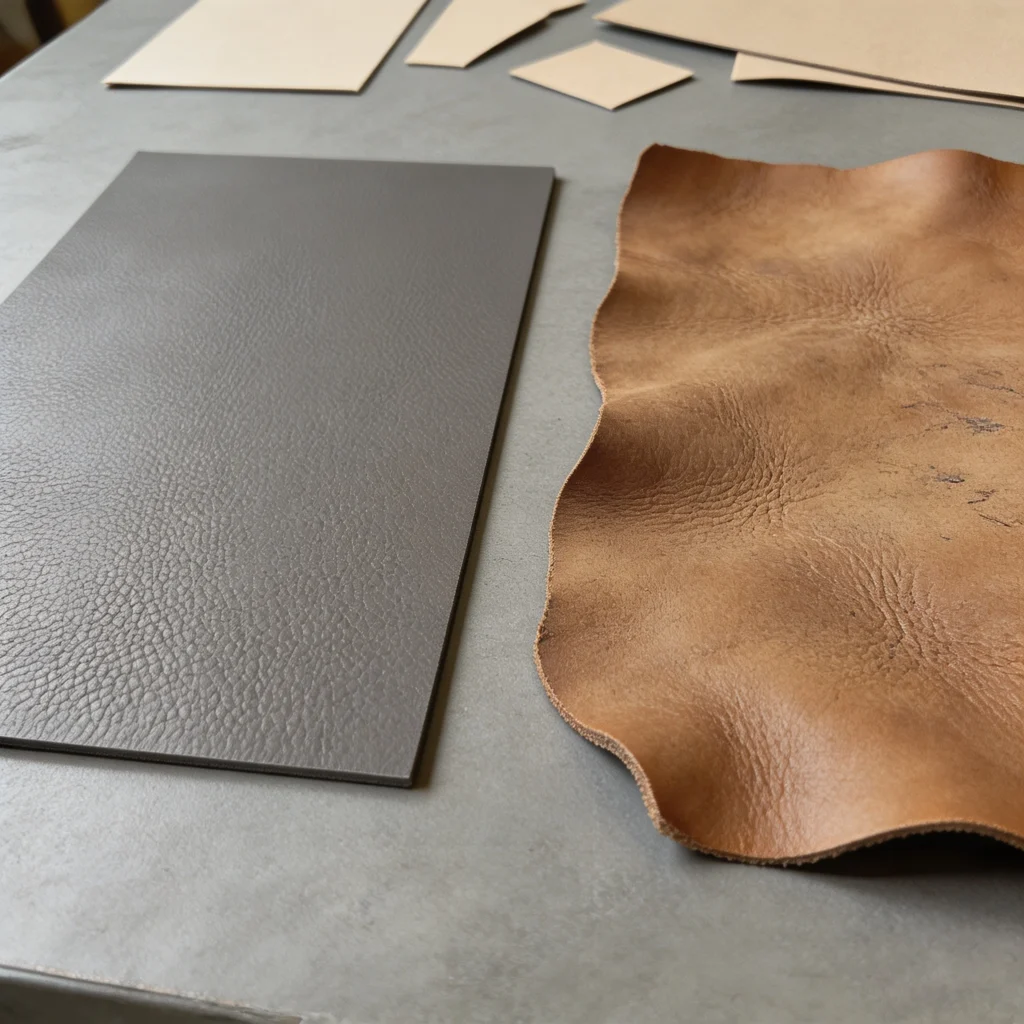 PU leather roll section and genuine leather hide prepared for production cutting comparison