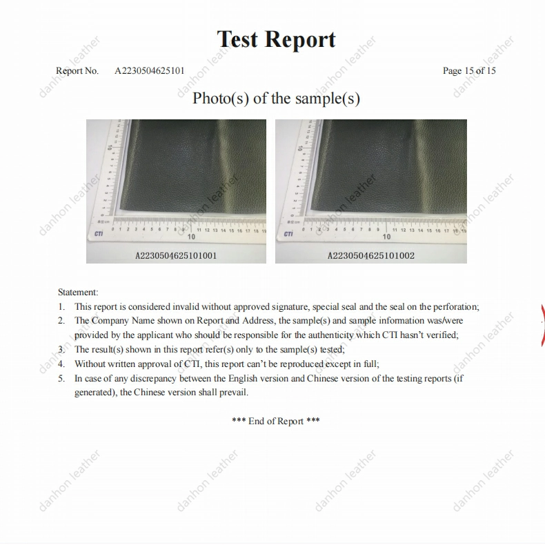 Third-party synthetic leather test report reviewed with the corresponding material sample
